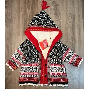 Hanna Andersson Gnome Hooded Sherpa Sweater Jacket Fair Isle Nordic 70 6-12 M